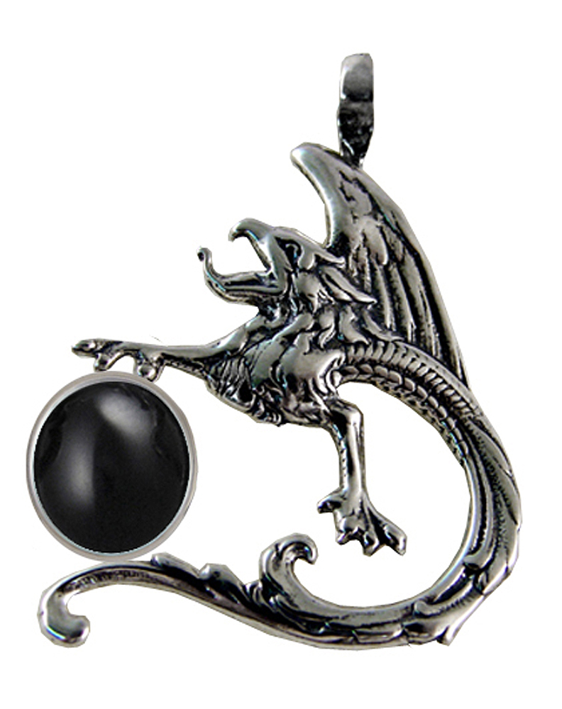 Sterling Silver Tattoo Dragon Pendant With Black Onyx